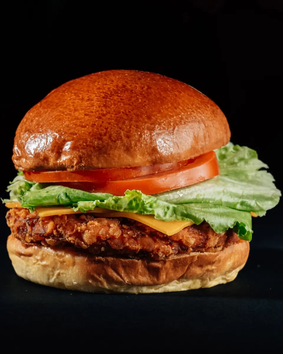 Hamburguesa Fresh Chicken: pechuga de pollo empanada con cornflakes, doble de cheddar ahumado, lechuga, tomate y mayo Big Boss